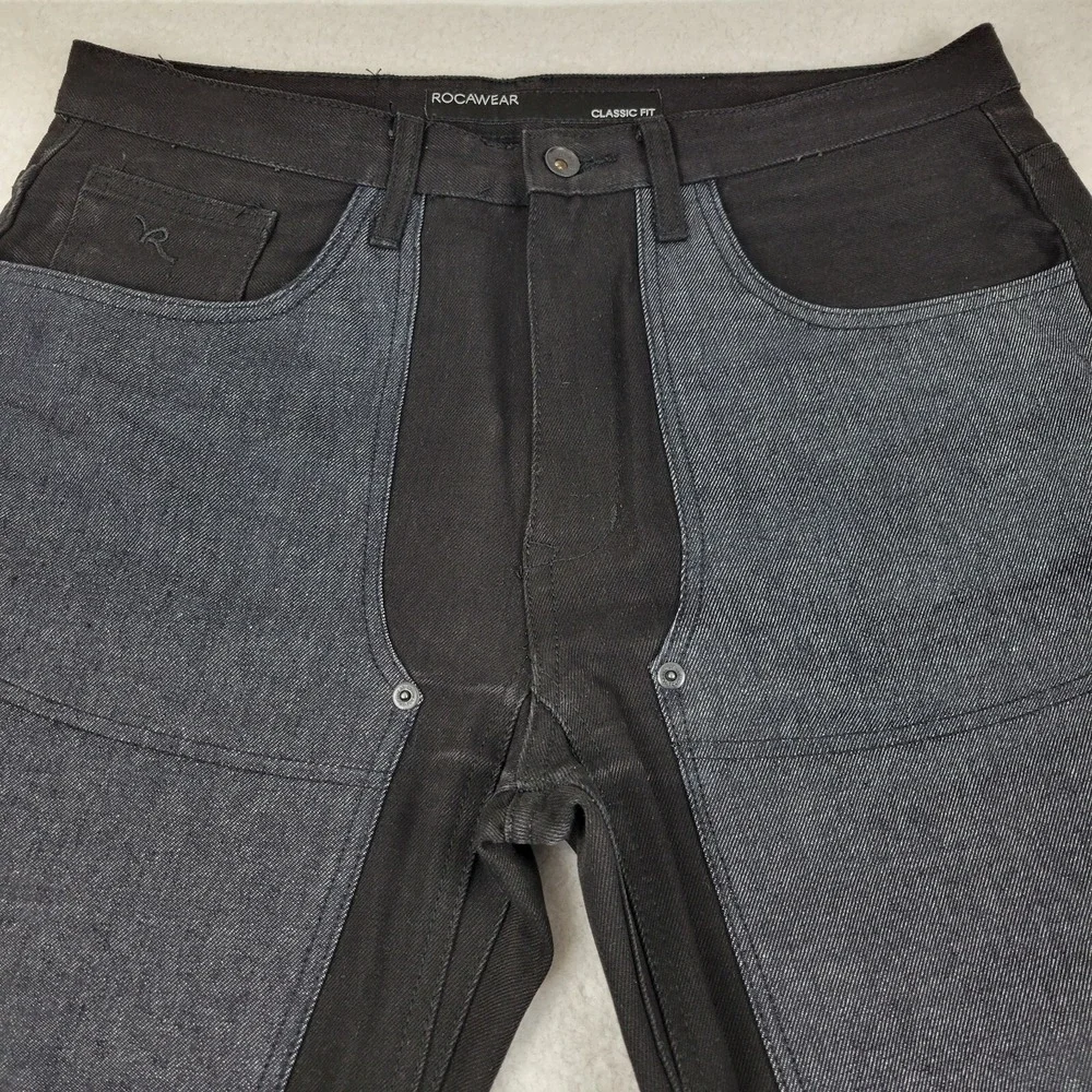Rocawear Double Thigh Straight Leg Jeans Mens 34 x 33 Black Denim NWOT - Picture 2 of 14
